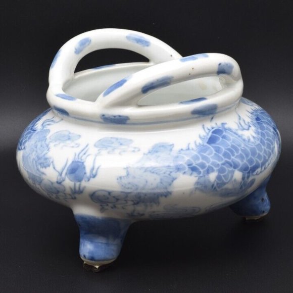Vintage Blue and White 2 Dragons Porcelain Tripod Bowl - Picture 2 of 8